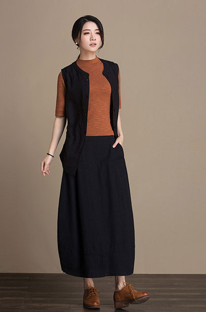 Brown Linen Cotton Midi Skirt - High Waist Lantern | Xiaolizi J084-3
