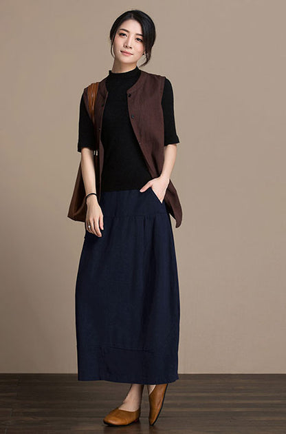 Brown Linen Cotton Midi Skirt - High Waist Lantern | Xiaolizi J084-3