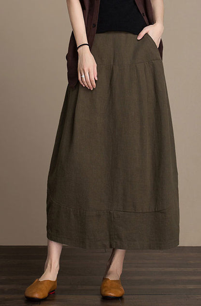 Brown Linen Cotton Midi Skirt - High Waist Lantern | Xiaolizi J084-3