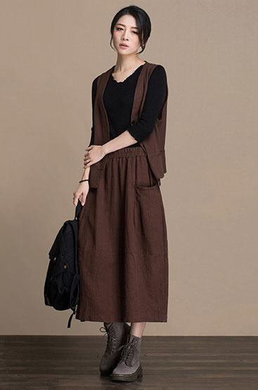 Navy Cotton and Linen Midi Skirt - Lantern Silhouette with Elastic Waist J084-2
