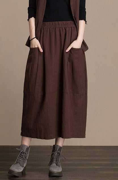 Navy Cotton and Linen Midi Skirt - Lantern Silhouette with Elastic Waist J084-2