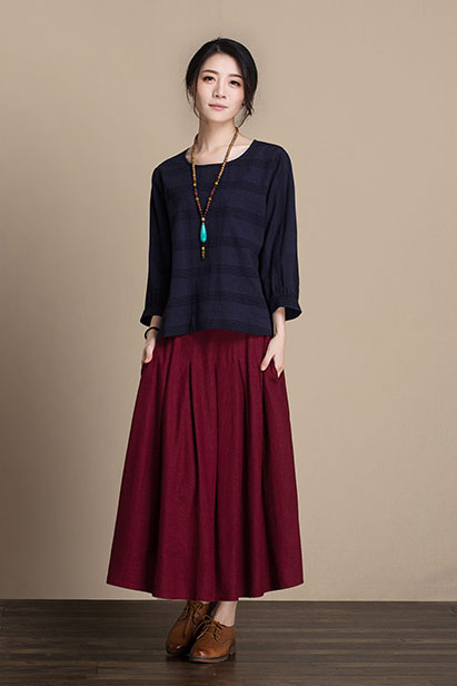 Navy Linen Maxi Skirt - Elastic Waist with Side Pockets J084-18