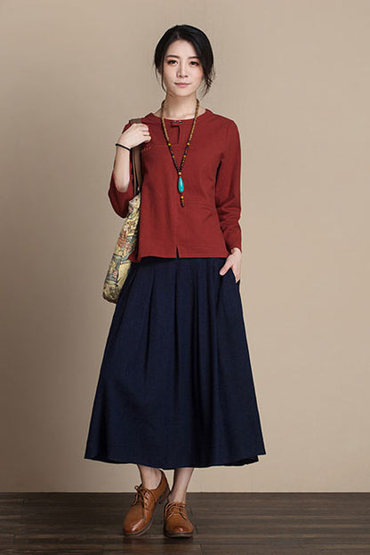 Navy Linen Maxi Skirt - Elastic Waist with Side Pockets J084-18