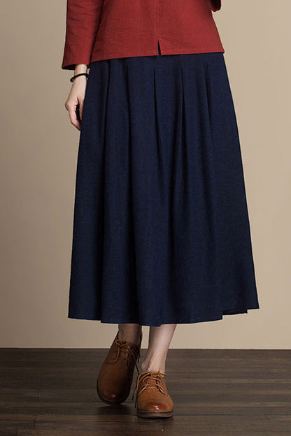 Navy Linen Maxi Skirt - Elastic Waist with Side Pockets J084-18