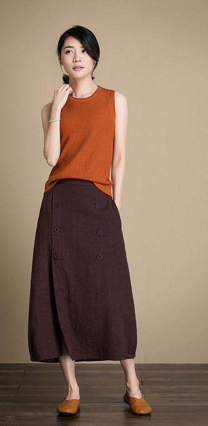 Brown Linen Maxi Skirt - A-Line High Waist Autumn Style J084-13