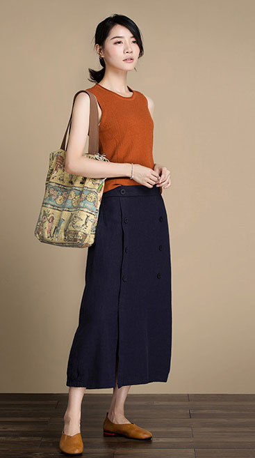 Brown Linen Maxi Skirt - A-Line High Waist Autumn Style J084-13