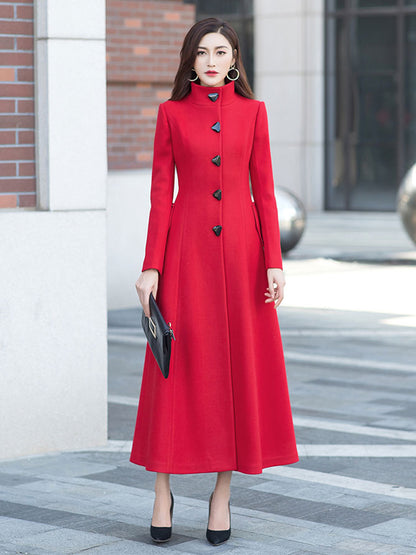Red Wool Midi Coat - Stand Collar A-Line Wool Blend Outerwear 2960