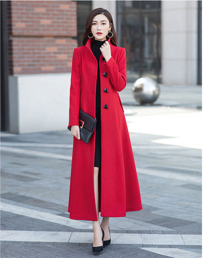 Red Wool Midi Coat - Stand Collar A-Line Wool Blend Outerwear 2960