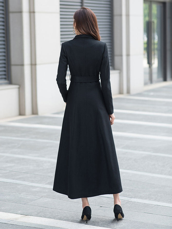 Black Solid Fit and Flare Wool Coat 2961