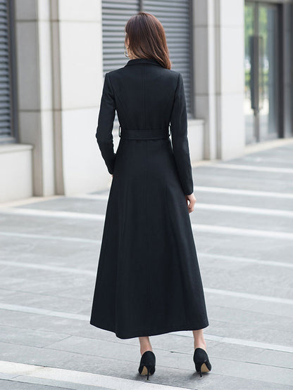 Black Wool Coat - Fit and Flare Silhouette with Double Collar 2961