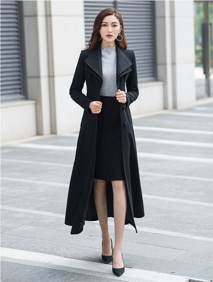 Black Wool Coat - Fit and Flare Silhouette with Double Collar 2961