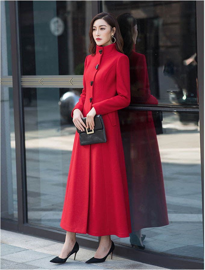 stand collar vintage red midi wool coat 2960 – XiaoLizi