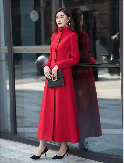 Red Wool Midi Coat - Stand Collar A-Line Wool Blend Outerwear 2960