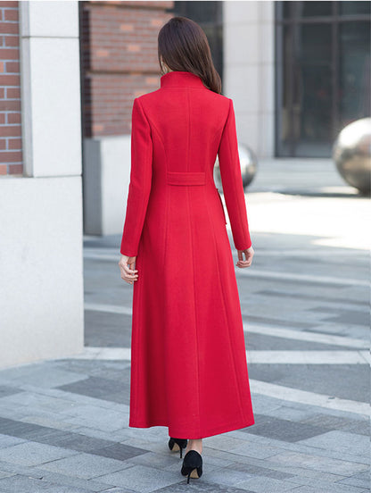 Red Wool Midi Coat - Stand Collar A-Line Wool Blend Outerwear 2960