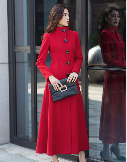 Red Wool Midi Coat - Stand Collar A-Line Wool Blend Outerwear 2960