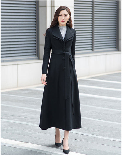 Black Wool Coat - Fit and Flare Silhouette with Double Collar 2961