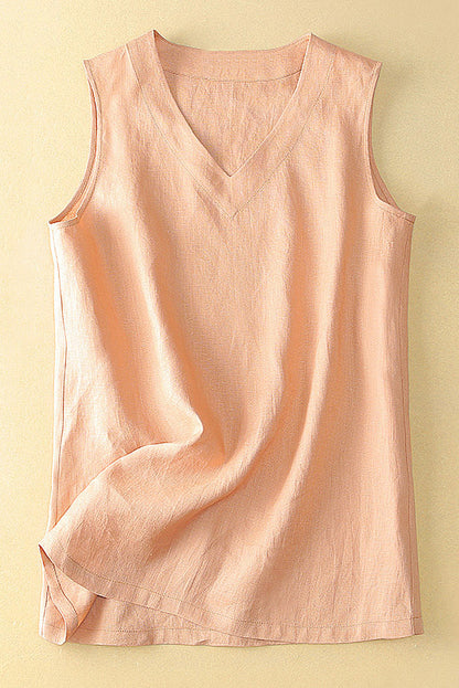 White Linen Sleeveless Vest - V-Neck Casual Summer Top 3658