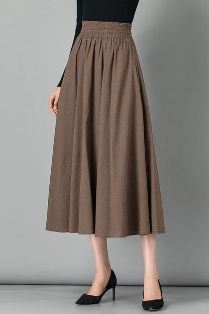 Emerald Green Linen Midi Skirt - High Waist Pleated Casual Style 4103