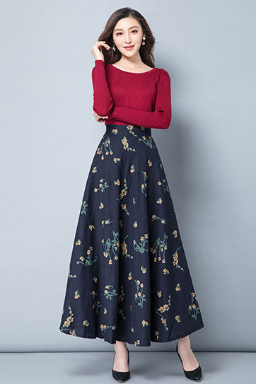 Women Long Floral Linen Skirt 4116