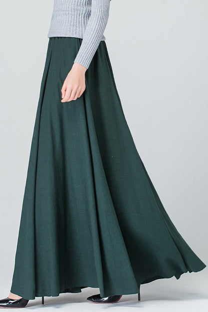 Emerald Green Linen Cotton Maxi Skirt - Pleated, Elastic Waist 4089