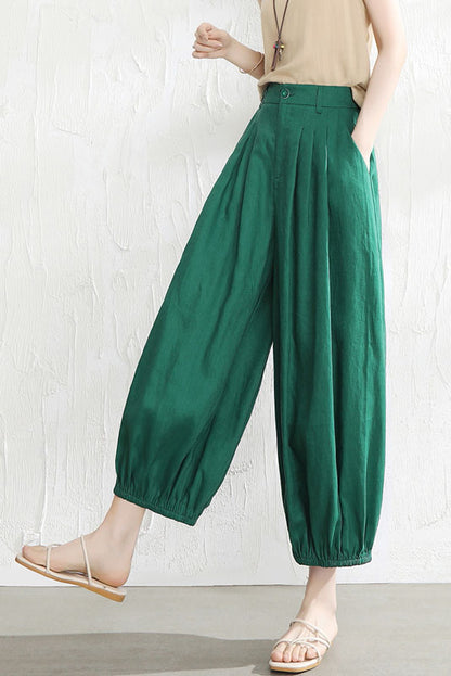Beige Linen Wide Leg Pants - Casual Relaxed Fit with Elastic Waist 3516