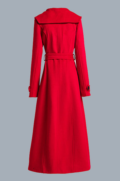 Red Wool Maxi Coat - Double Breasted with Tie Belt Waist 3194