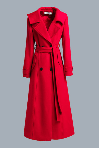 Red Wool Maxi Coat - Double Breasted with Tie Belt Waist 3194