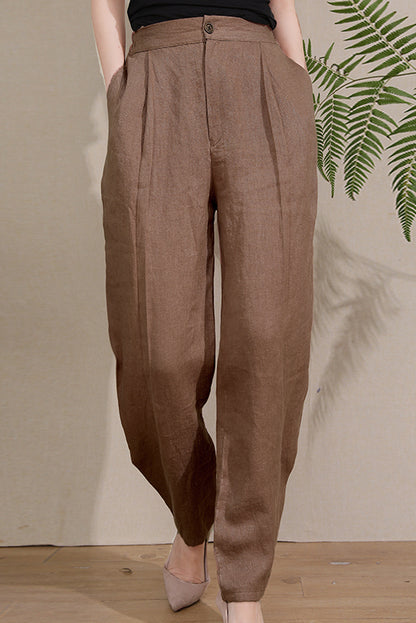 Brown Linen Wide Leg Pants - High Waist Elastic Comfort 3673