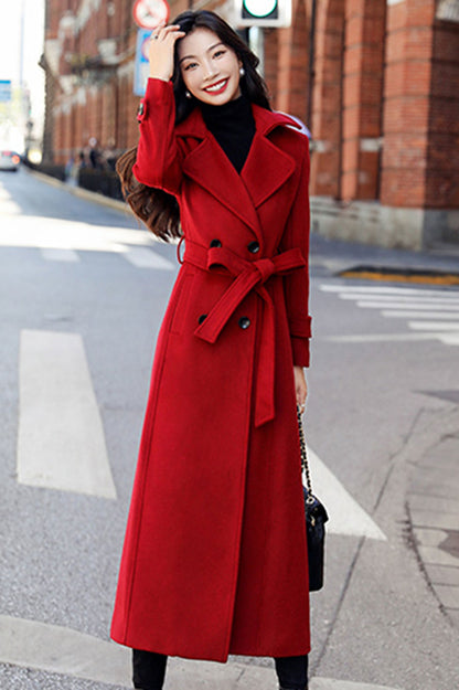 Red Wool Blend Long Coat - Double Breasted and Belted 3190