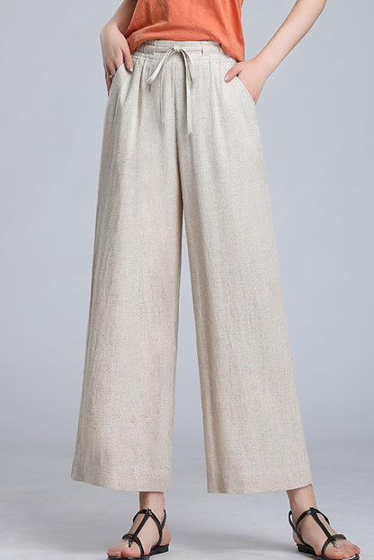 Brown Linen Wide Leg Pants - Elastic Waist, Loose Fit 3520