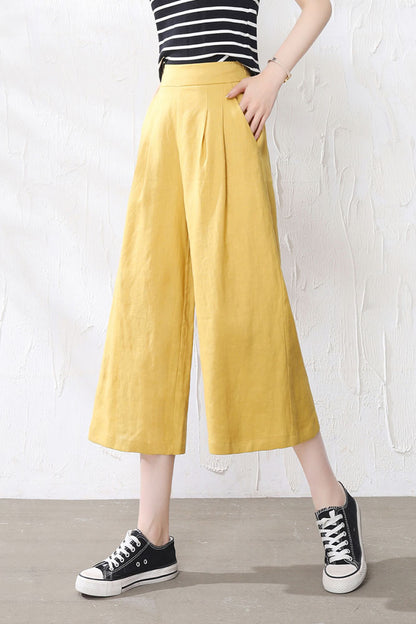 Yellow Linen Wide Leg Pants - Back Elastic Waist, Front Pockets 3523