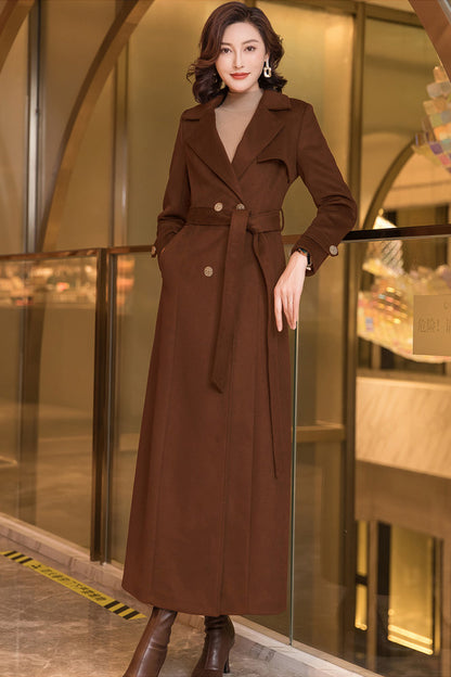 Black Wool Coat – Long Double Breasted Belted Winter Overcoat for Women 3970