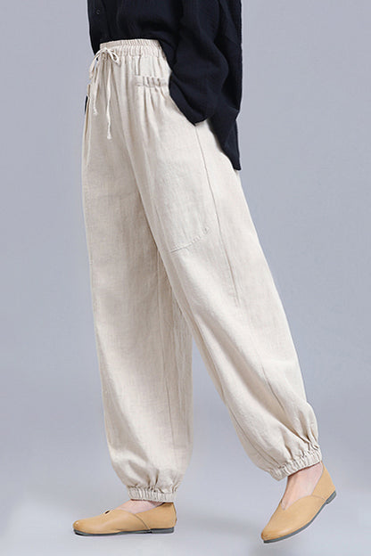 Black Linen Wide Leg Pants - Loose Fit Elastic Waist Bloomers 3669