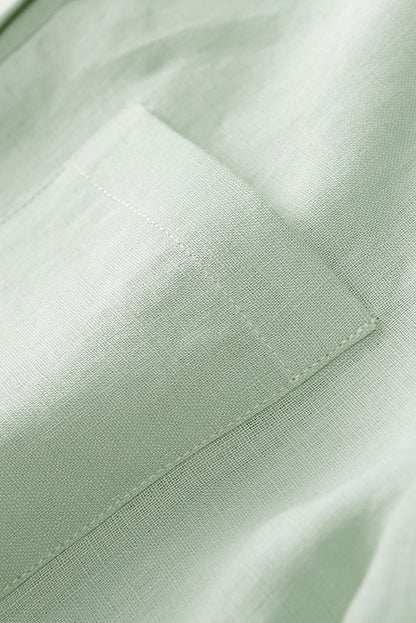 Light Green Linen V-Neck Top - Loose Fit with Pocket 3661