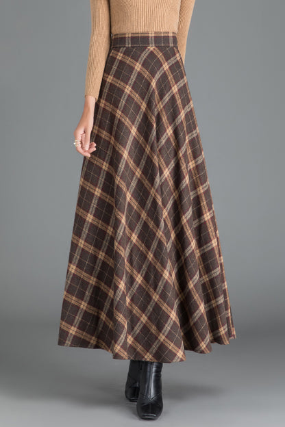 Plaid Wool Maxi Skirt - A-Line Flared Silhouette 3785