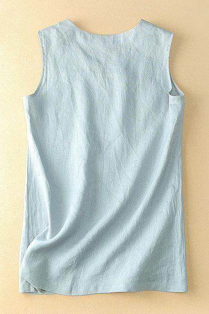 White Linen Sleeveless Vest - V-Neck Casual Summer Top 3658