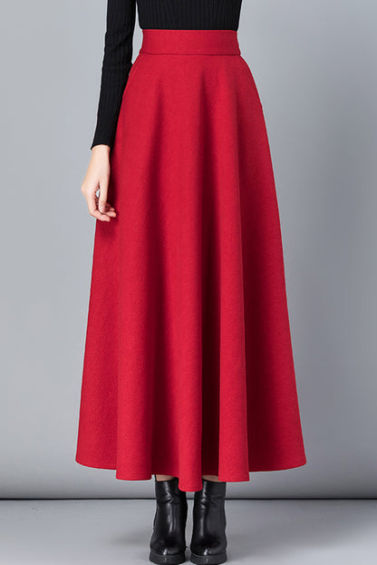 Red Wool A-Line Skirt - Ankle Length with Elastic Waist 3791