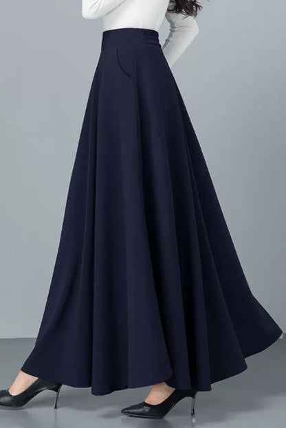 Black Cotton Blend A-Line Long Skirt - Back Elastic Waist 4092