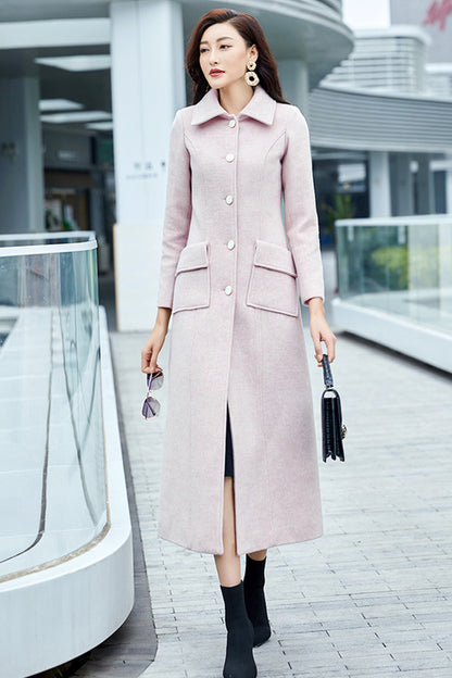 Light Pink Wool Coat – Handmade Long Slim Fit Winter Overcoat for Women 3977
