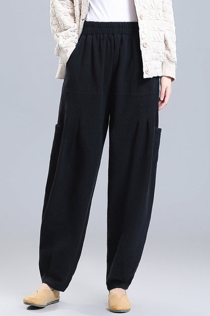 Beige Linen Wide Leg Pants - Elastic Waist, Four Pockets 3667