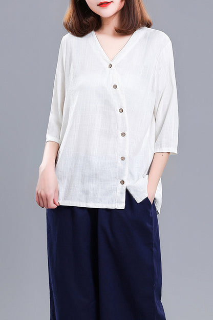 White Linen Cotton V-Neck Top - Asymmetric Button Detail 3676