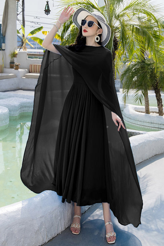 Summer Vintage Inspired Chiffon Sleeveless Cloak Pure Color Dress 3691
