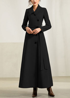 Blue Wool Maxi Coat - Fit and Flare Silhouette with Belt 2949