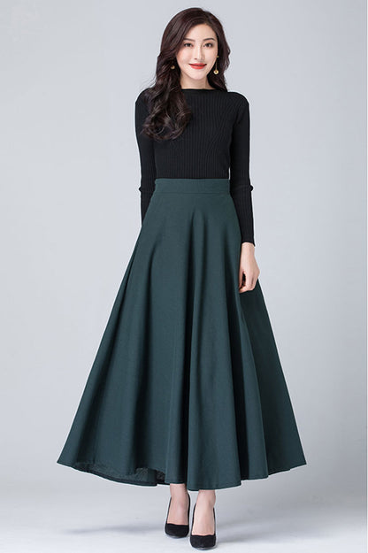 Dark Green Linen A-Line Maxi Skirt - High Waist with Side Pockets 4114