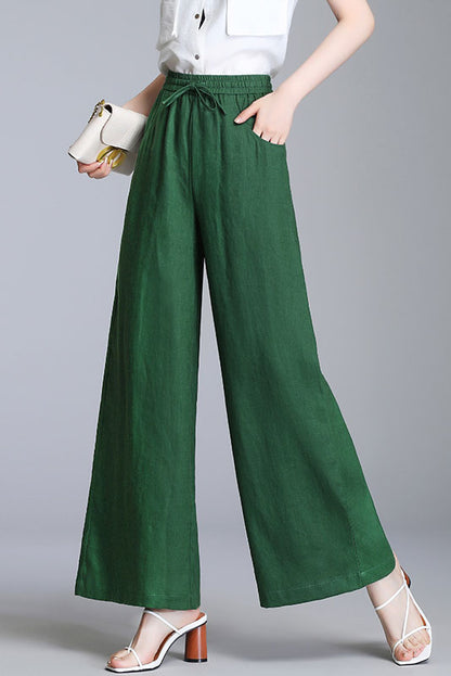 Light Grey Linen Wide Leg Pants - Elastic Waist, Belted Detail 3525