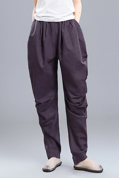 Black Linen Cotton Wide Leg Pants - Vintage Inspired Elastic Waist 3672