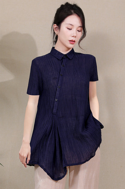 Dark Blue Women Summer Asymmetrical Shirt Linen Tops 3678