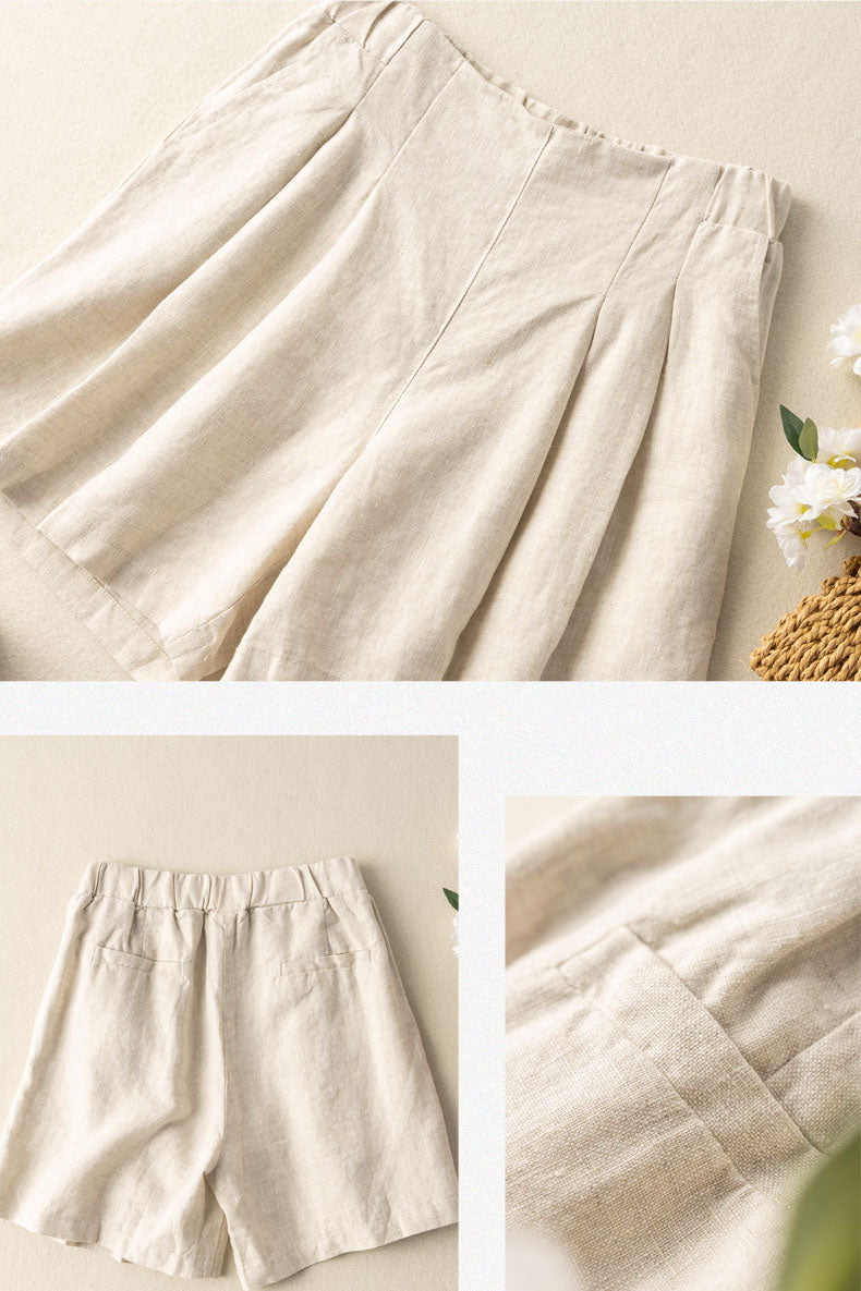 New Women Loose Cotton Linen Wide Leg Shorts 3589