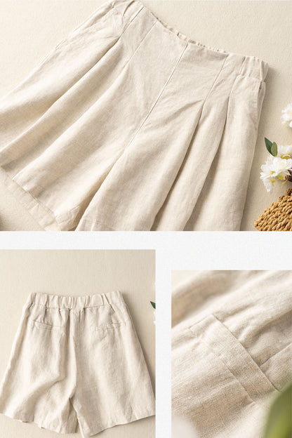Yellow Cotton Linen Wide Leg Shorts - Loose Elastic Waist | Xiaolizi 3589