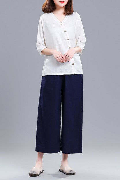 White Linen Cotton V-Neck Top - Asymmetric Button Detail 3676